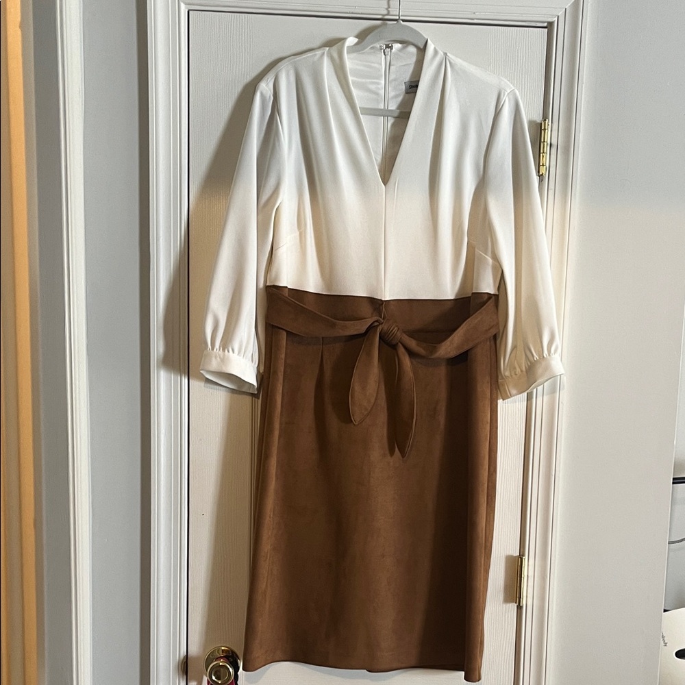 White and Brown Suede Long Sleeve Dress